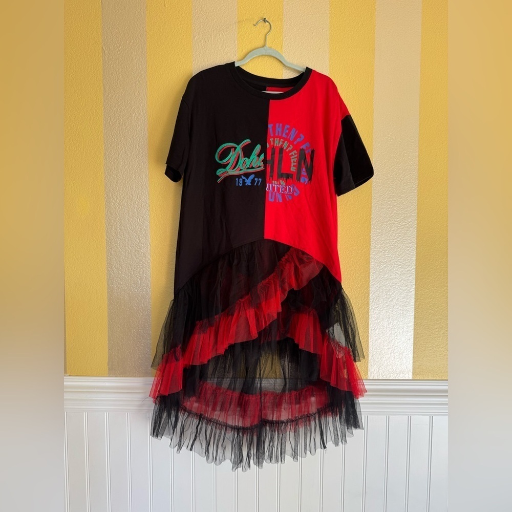 Red and Black Graphic Shirt Dress with Tulle
